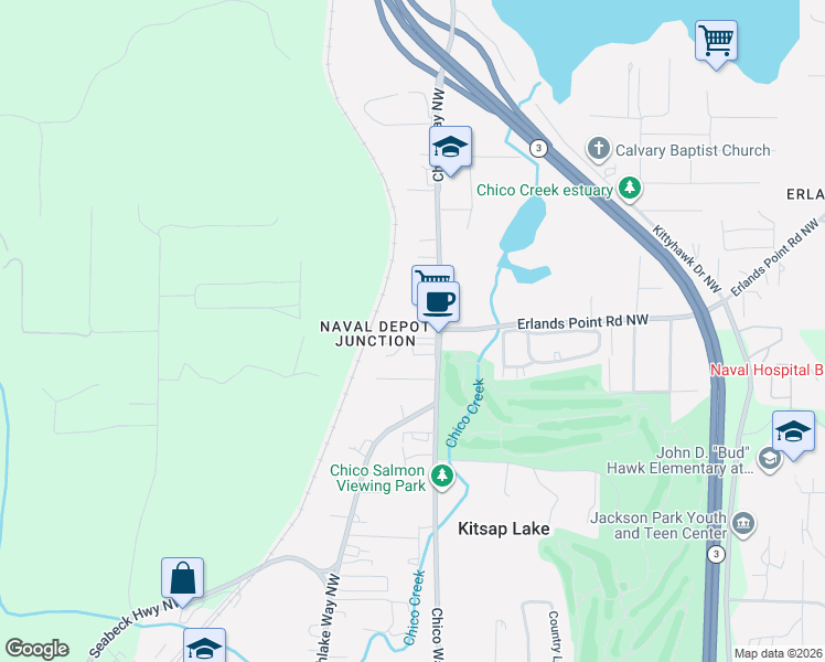 map of restaurants, bars, coffee shops, grocery stores, and more near 4412 Northwest Wedgewood Lane in Bremerton