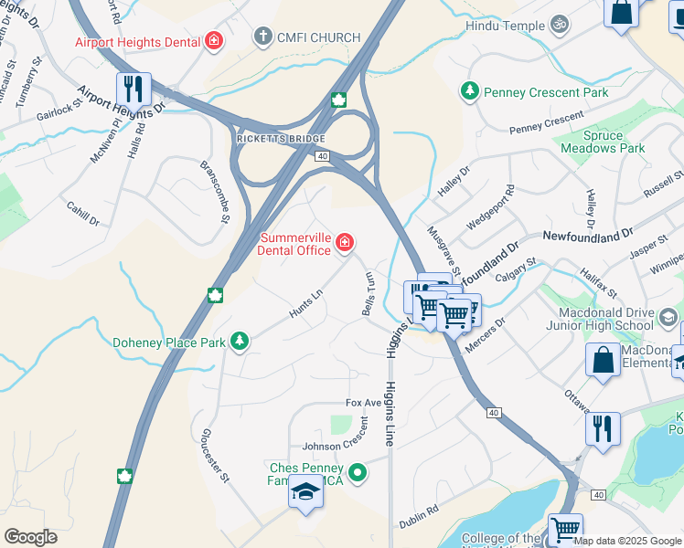 map of restaurants, bars, coffee shops, grocery stores, and more near 11 Hunts Lane in St. John's