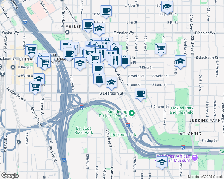 map of restaurants, bars, coffee shops, grocery stores, and more near 1435 South Lane Street in Seattle
