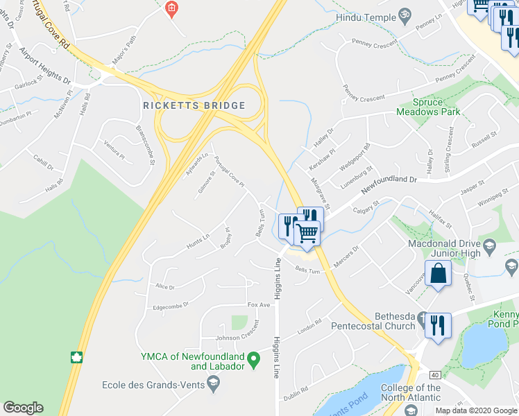 map of restaurants, bars, coffee shops, grocery stores, and more near 57 Bells Turn in Saint John's