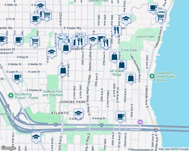 map of restaurants, bars, coffee shops, grocery stores, and more near 707 28th Avenue South in Seattle