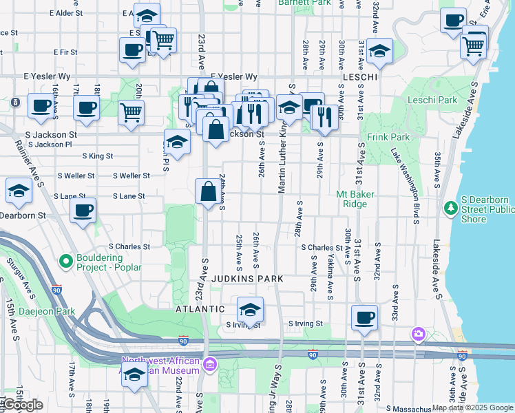 map of restaurants, bars, coffee shops, grocery stores, and more near 2509 South Lane Street in Seattle