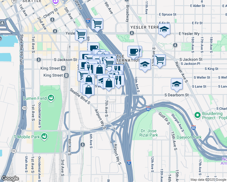 map of restaurants, bars, coffee shops, grocery stores, and more near in Seattle