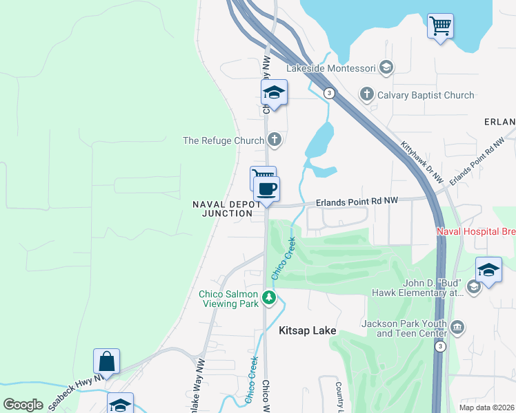 map of restaurants, bars, coffee shops, grocery stores, and more near 4412 Northwest Wedgewood Lane in Bremerton