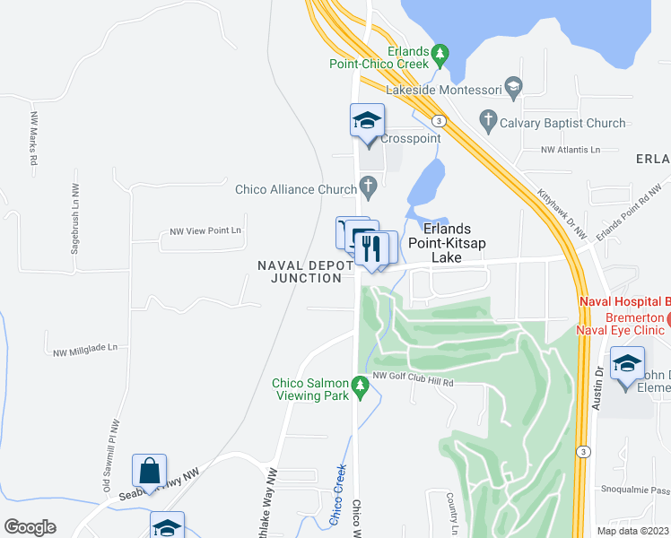 map of restaurants, bars, coffee shops, grocery stores, and more near 4412 Northwest Wedgewood Lane in Bremerton