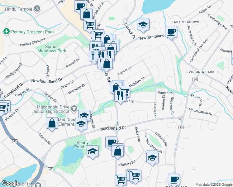 map of restaurants, bars, coffee shops, grocery stores, and more near 216 Torbay Road in St. John's