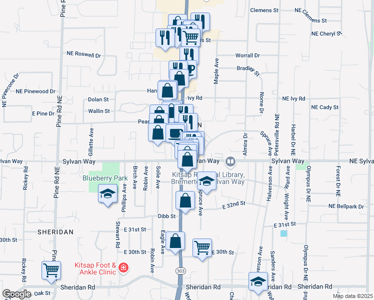 map of restaurants, bars, coffee shops, grocery stores, and more near 3421 Wheaton Way in Bremerton