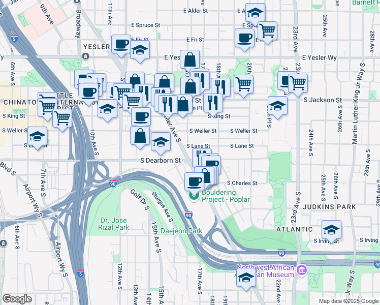 map of restaurants, bars, coffee shops, grocery stores, and more near 1603 South Lane Street in Seattle