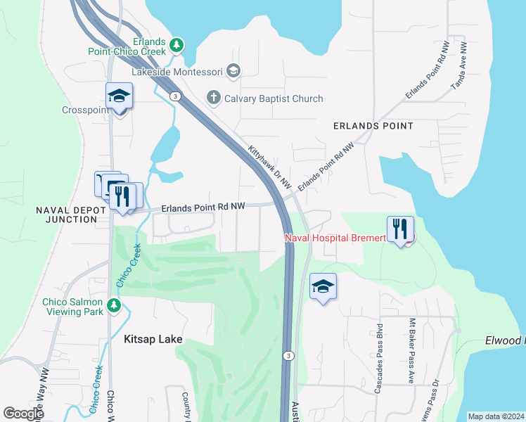 map of restaurants, bars, coffee shops, grocery stores, and more near 3612 Lakehurst Drive Northwest in Bremerton