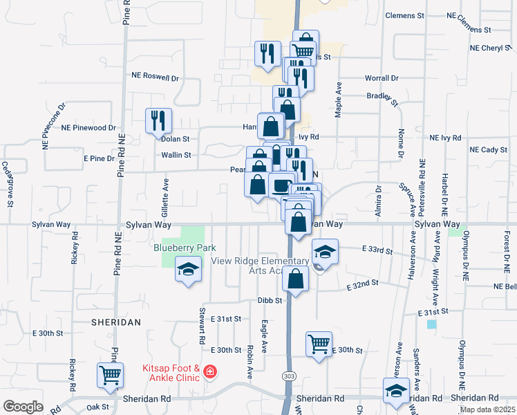 map of restaurants, bars, coffee shops, grocery stores, and more near 3441 Wheaton Way in Bremerton