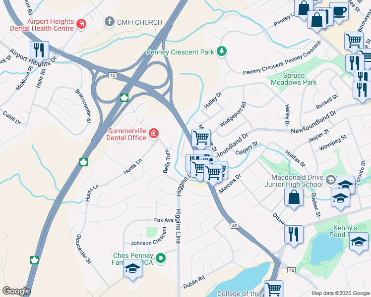 map of restaurants, bars, coffee shops, grocery stores, and more near 304 Portugal Cove Place in St. John's