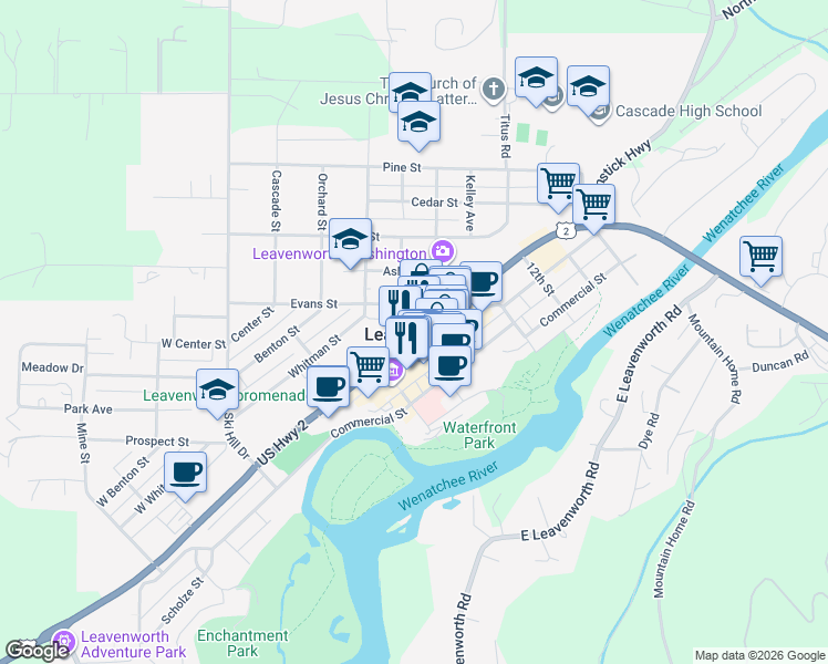 map of restaurants, bars, coffee shops, grocery stores, and more near in Leavenworth