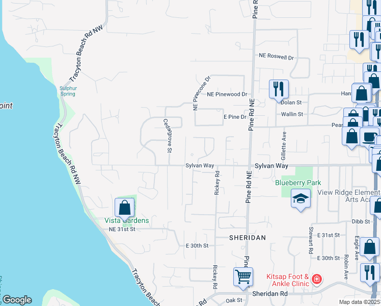 map of restaurants, bars, coffee shops, grocery stores, and more near 3541 Sylvan Pines Lane in Bremerton