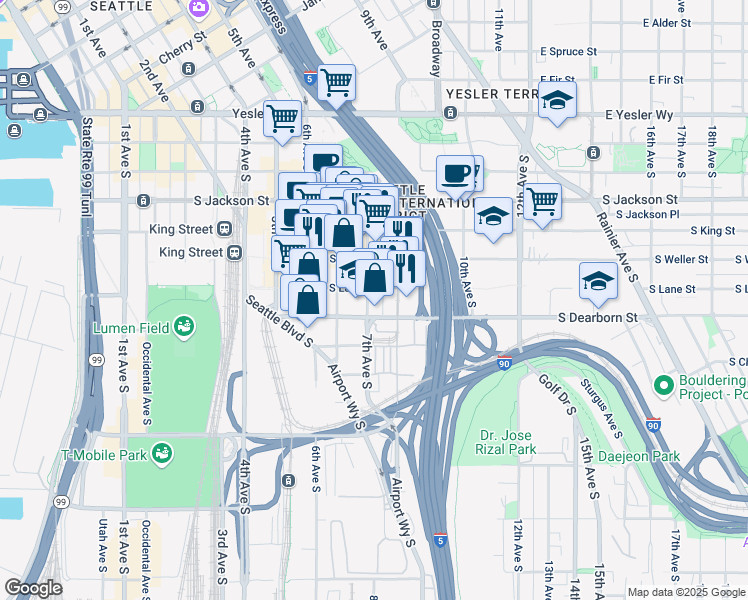 map of restaurants, bars, coffee shops, grocery stores, and more near 707 South Lane Street in Seattle