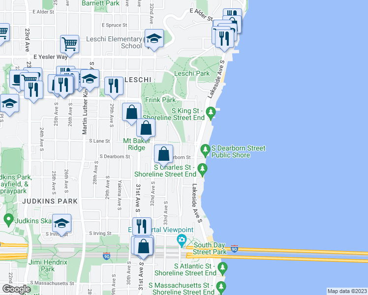 map of restaurants, bars, coffee shops, grocery stores, and more near 706 Lake Washington Boulevard South in Seattle