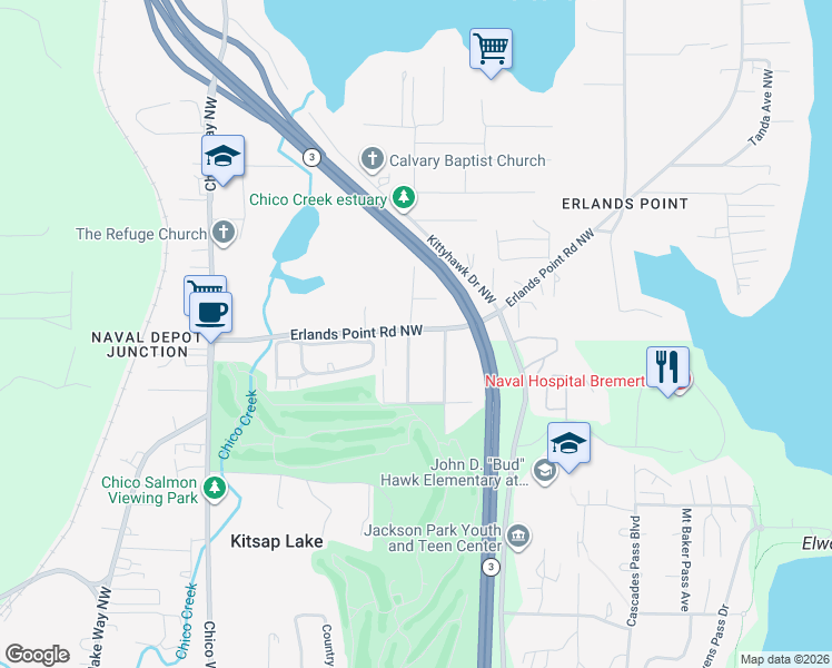 map of restaurants, bars, coffee shops, grocery stores, and more near 2507 Erlands Point Road Northwest in Bremerton