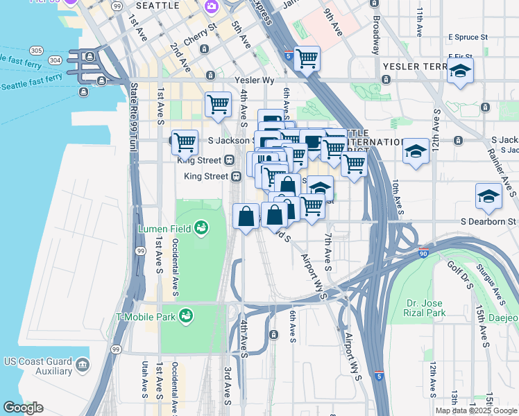 map of restaurants, bars, coffee shops, grocery stores, and more near 706 5th Avenue South in Seattle