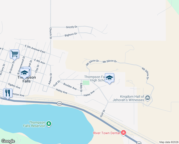 map of restaurants, bars, coffee shops, grocery stores, and more near 501 Mount Silcox Drive in Thompson Falls