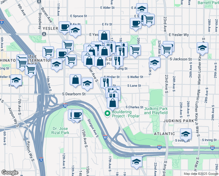 map of restaurants, bars, coffee shops, grocery stores, and more near 1647 South Lane Street in Seattle