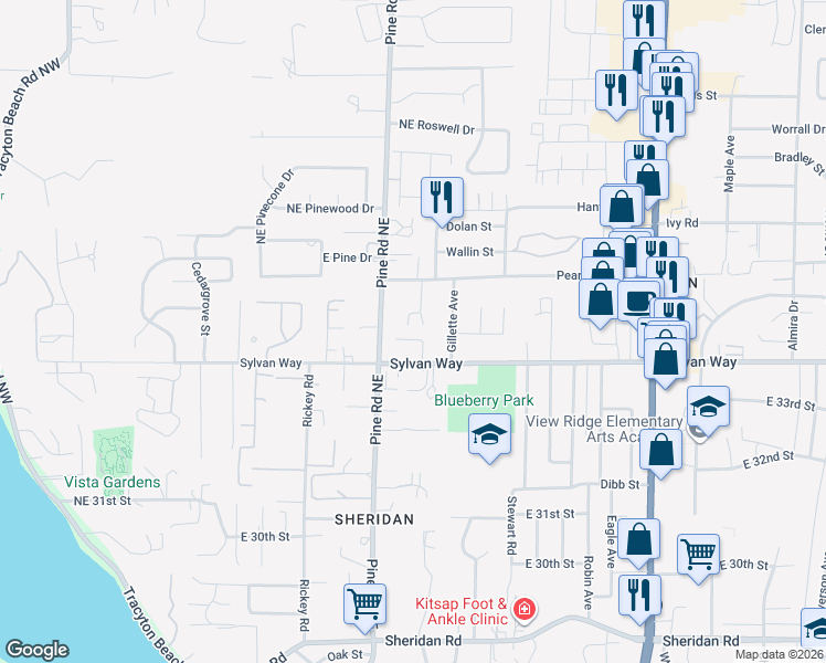 map of restaurants, bars, coffee shops, grocery stores, and more near 3526 Springbrook Lane in Bremerton