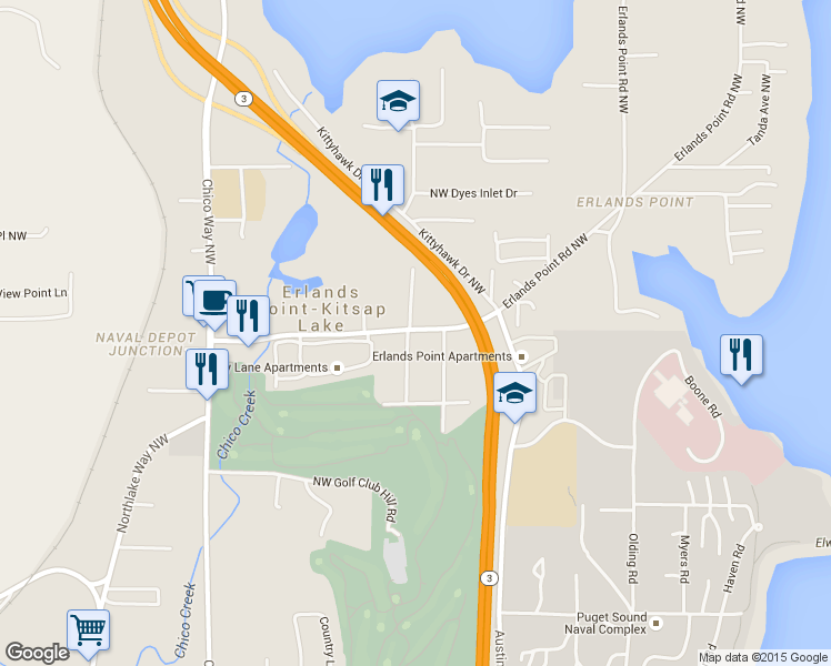 map of restaurants, bars, coffee shops, grocery stores, and more near 2507 Erlands Point Road Northwest in Bremerton