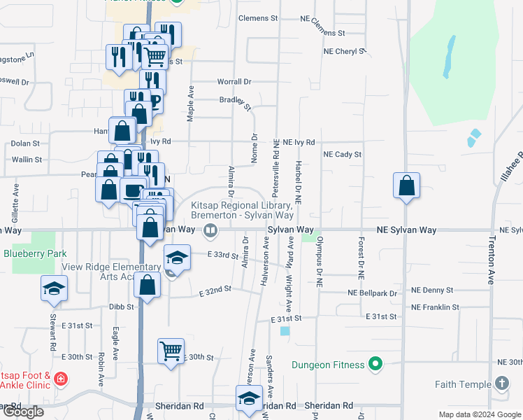 map of restaurants, bars, coffee shops, grocery stores, and more near 1571 Spruce Avenue in Bremerton