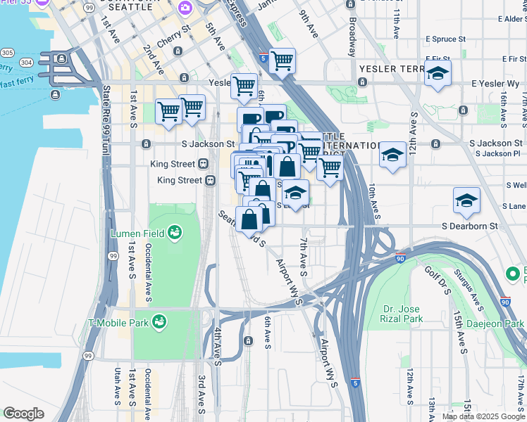 map of restaurants, bars, coffee shops, grocery stores, and more near 700 6th Avenue South in Seattle
