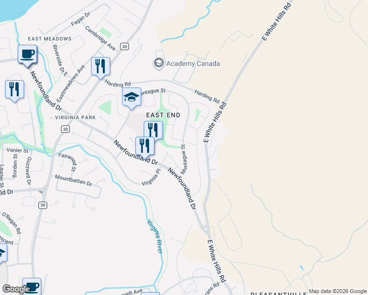 map of restaurants, bars, coffee shops, grocery stores, and more near 47 Montague Street in St. John's