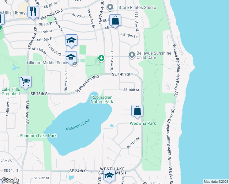 map of restaurants, bars, coffee shops, grocery stores, and more near 16437 Southeast 16th Street in Bellevue