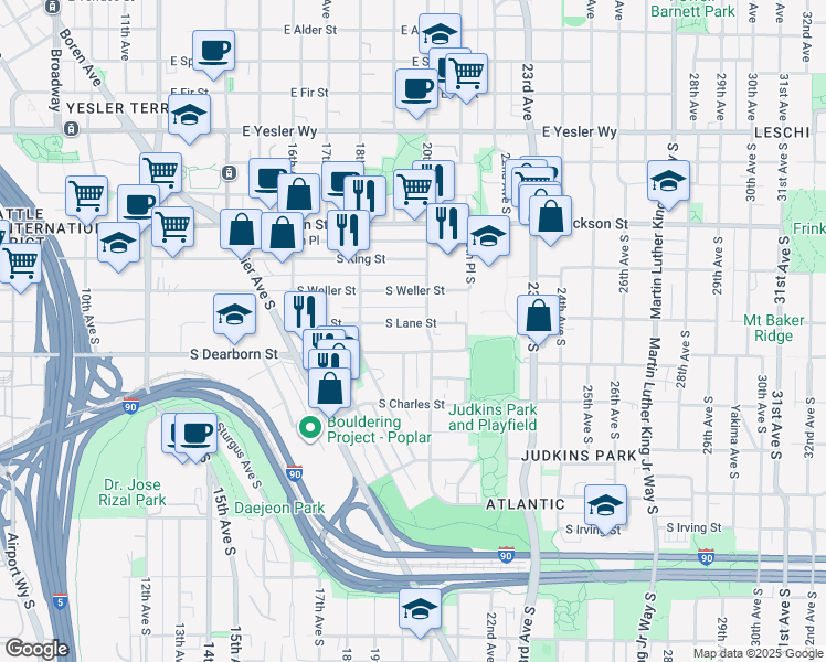 map of restaurants, bars, coffee shops, grocery stores, and more near 1845 South Lane Street in Seattle