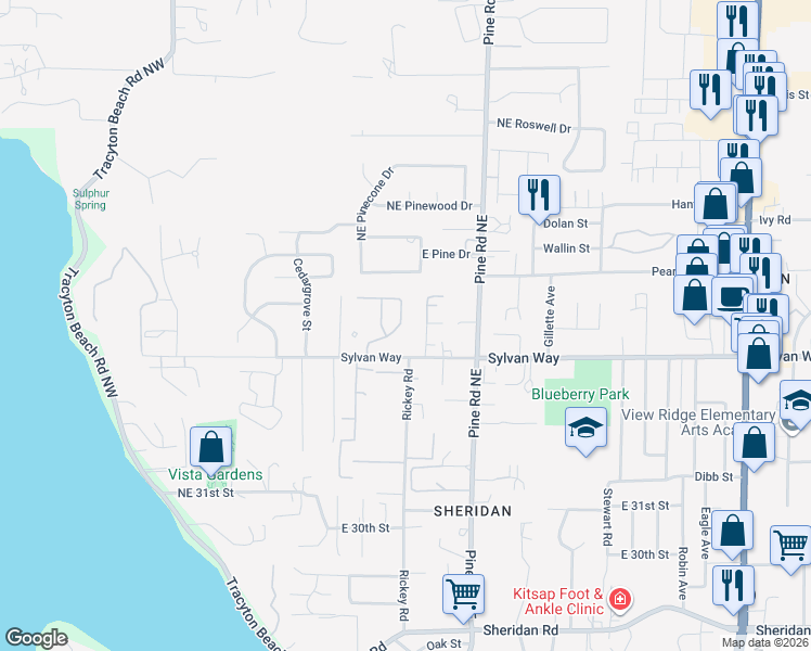 map of restaurants, bars, coffee shops, grocery stores, and more near 3548 Sylvan Pines Circle in Bremerton