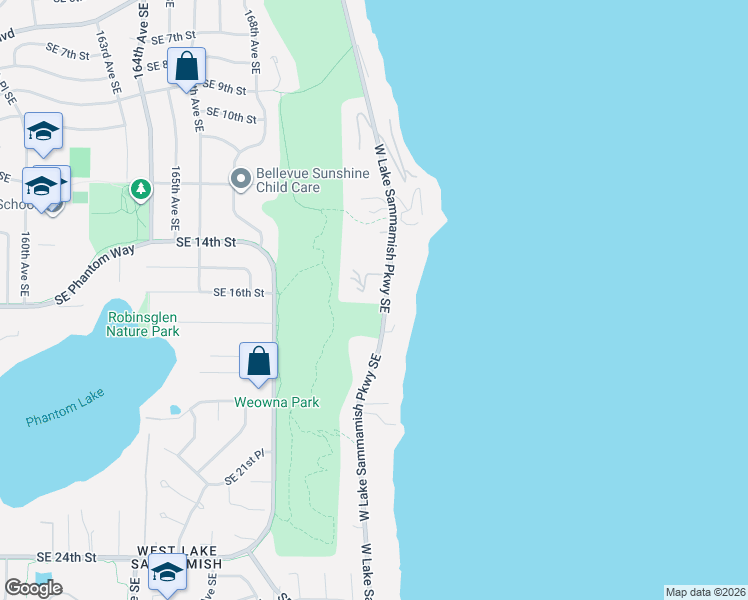 map of restaurants, bars, coffee shops, grocery stores, and more near 17003 Southeast 14th Lane in Bellevue