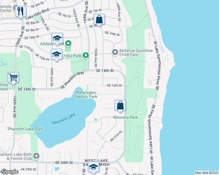 map of restaurants, bars, coffee shops, grocery stores, and more near 16621 Southeast 16th Street in Bellevue