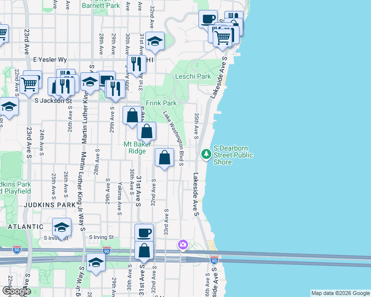 map of restaurants, bars, coffee shops, grocery stores, and more near 700 Lake Washington Boulevard South in Seattle