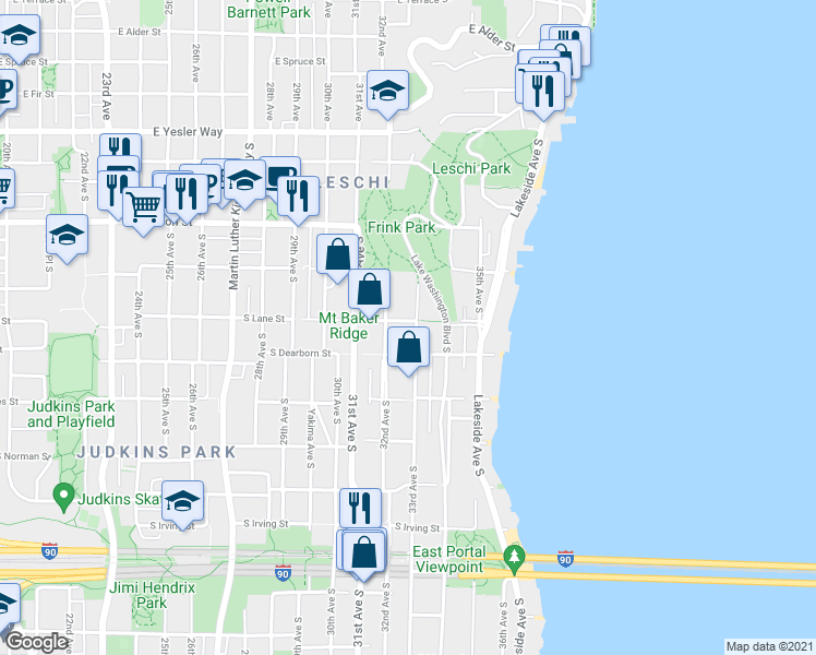 map of restaurants, bars, coffee shops, grocery stores, and more near 701 33rd Avenue South in Seattle