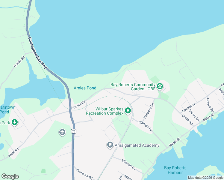 map of restaurants, bars, coffee shops, grocery stores, and more near 114 Cross Road in Bay Roberts