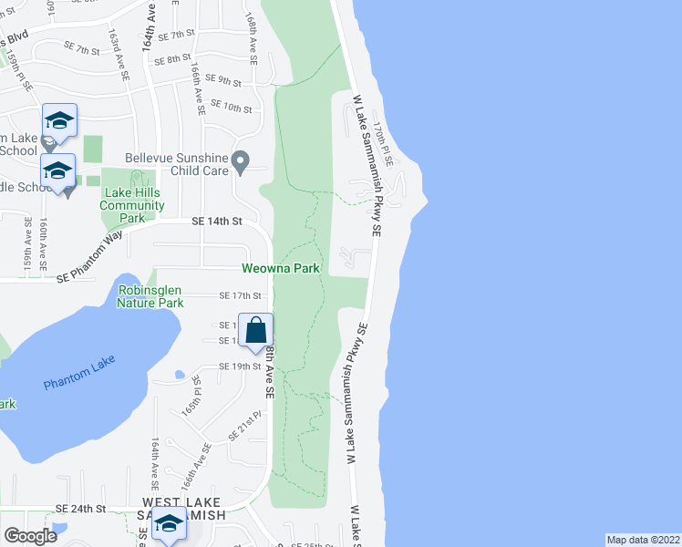map of restaurants, bars, coffee shops, grocery stores, and more near 17002 Southeast 14th Lane in Bellevue