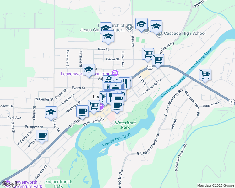 map of restaurants, bars, coffee shops, grocery stores, and more near 932 Front Street in Leavenworth