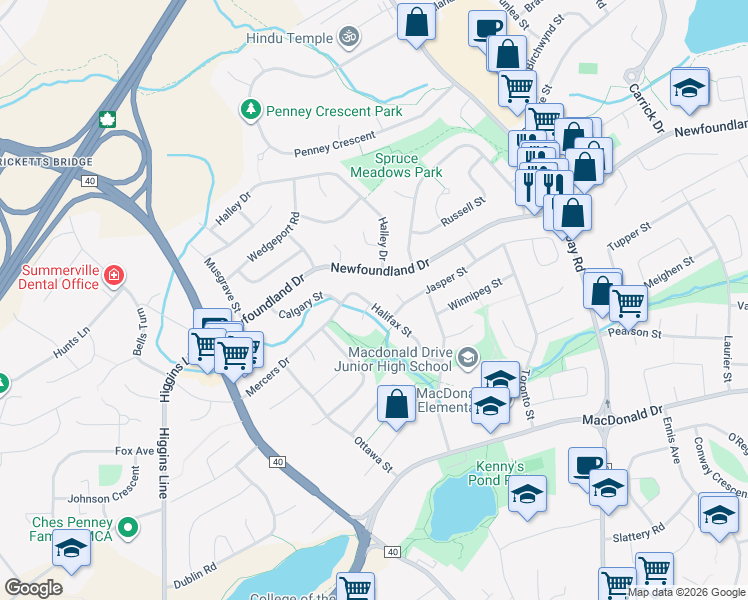 map of restaurants, bars, coffee shops, grocery stores, and more near 34 Halifax Street in St. John's