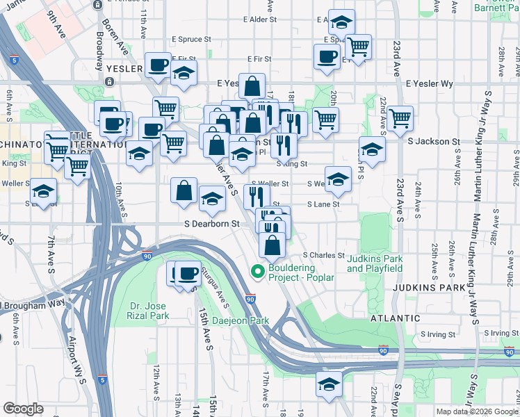 map of restaurants, bars, coffee shops, grocery stores, and more near 1603 South Lane Street in Seattle