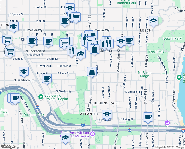 map of restaurants, bars, coffee shops, grocery stores, and more near 2310 South Lane Street in Seattle