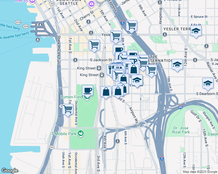 map of restaurants, bars, coffee shops, grocery stores, and more near 706 5th Avenue South in Seattle