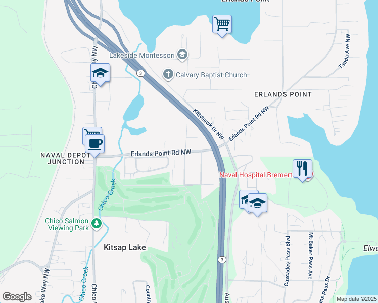 map of restaurants, bars, coffee shops, grocery stores, and more near 2507 Erlands Point Road Northwest in Bremerton