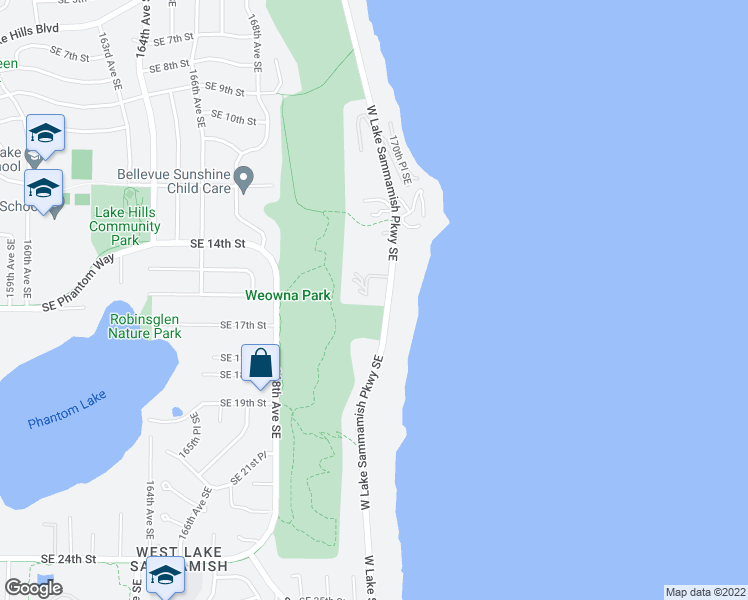 map of restaurants, bars, coffee shops, grocery stores, and more near 17003 Southeast 14th Lane in Bellevue
