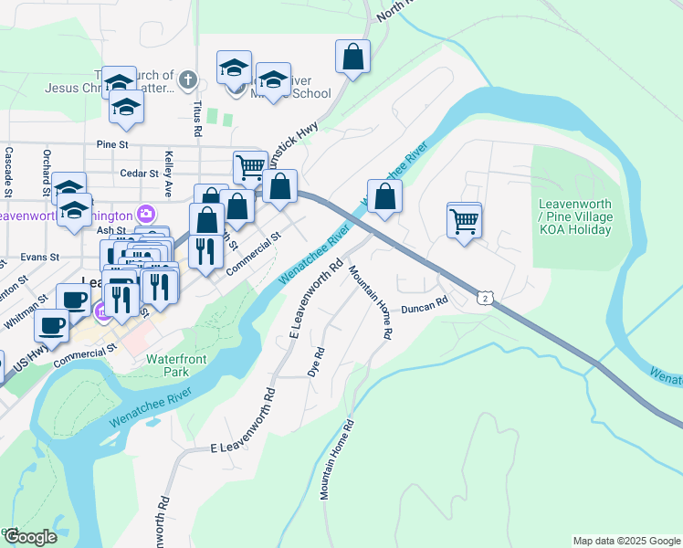 map of restaurants, bars, coffee shops, grocery stores, and more near 9880 Mountain Home Road in Leavenworth