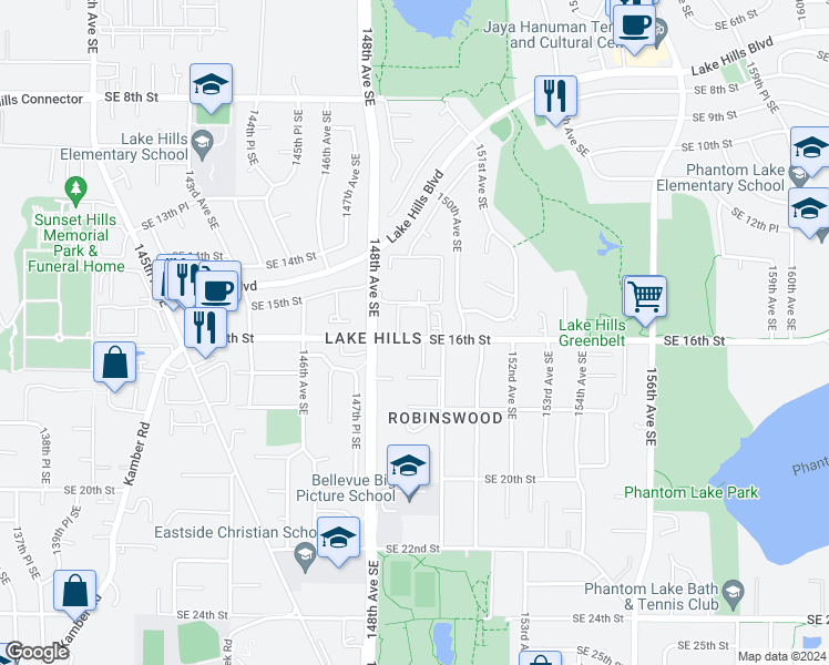 map of restaurants, bars, coffee shops, grocery stores, and more near 14836 Southeast 16th Street in Bellevue