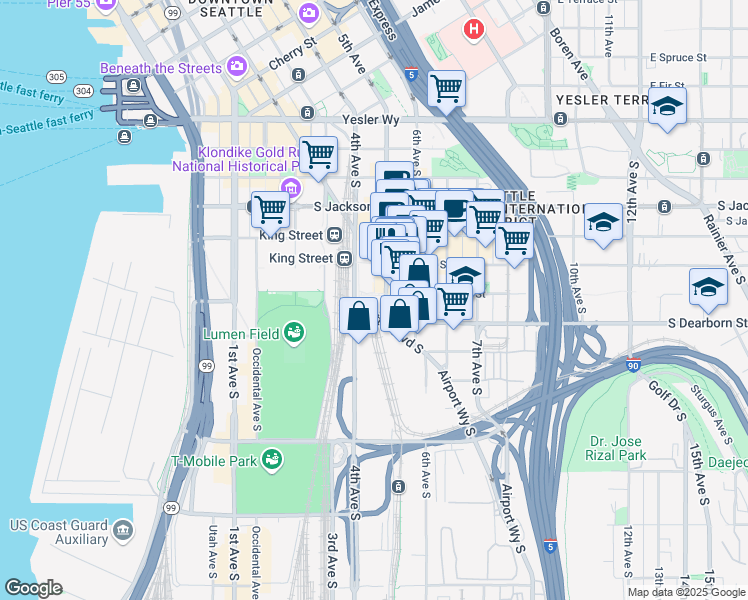 map of restaurants, bars, coffee shops, grocery stores, and more near 706 5th Avenue South in Seattle