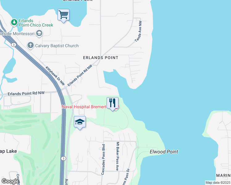 map of restaurants, bars, coffee shops, grocery stores, and more near 3647 Trail End Road Northwest in Bremerton