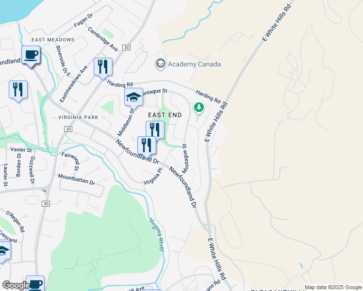 map of restaurants, bars, coffee shops, grocery stores, and more near 47 Montague Street in St. John's