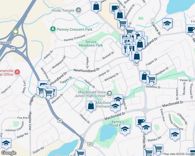 map of restaurants, bars, coffee shops, grocery stores, and more near 14 Jasper Street in St. John's